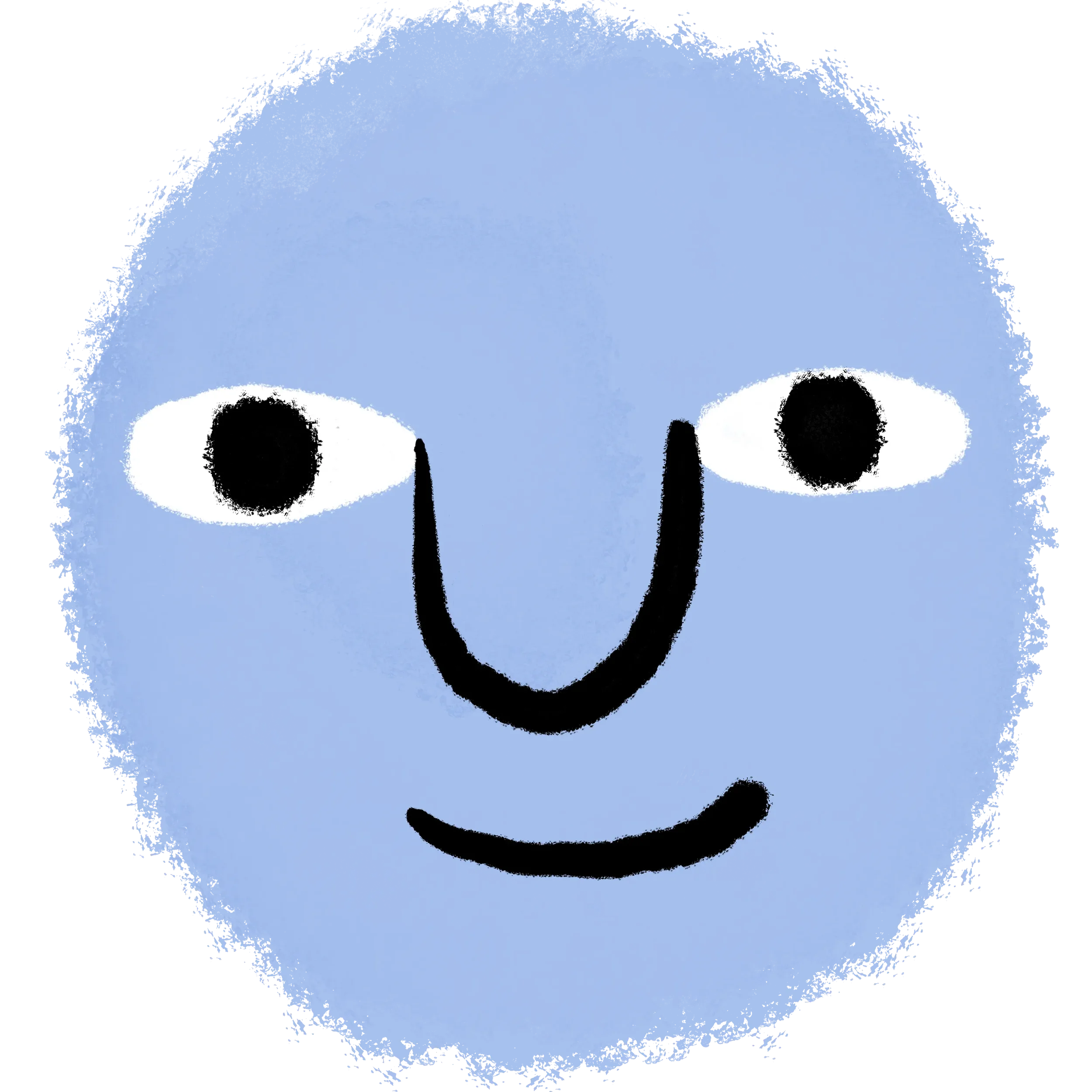 Illustration of a round blue face, with gentle smile