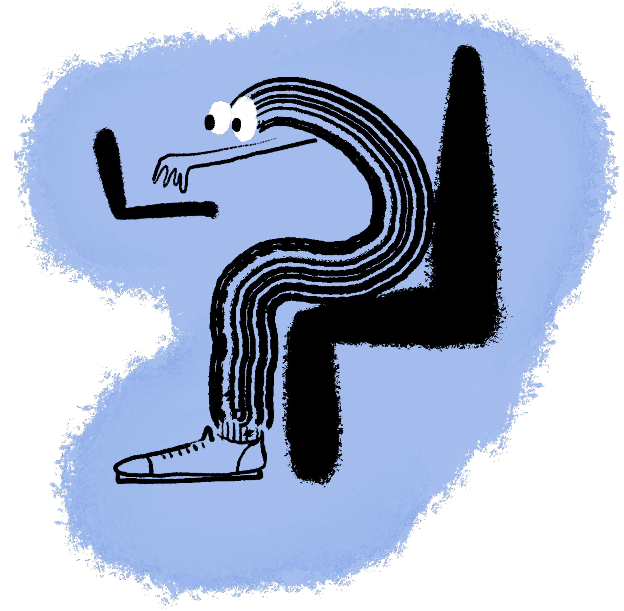 Illustration of figure on a blue background with wide eyes, sitting on a chair typing on a computer.