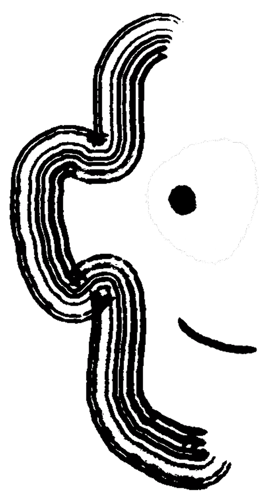 Black and white line-drawn illustration of a character with a dot eye and smile, with listening ear.