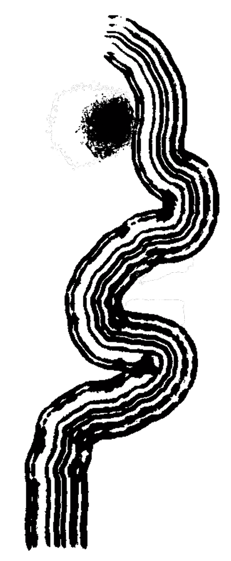 Black and white line-drawn illustration of a character with an open mouth, speaking
