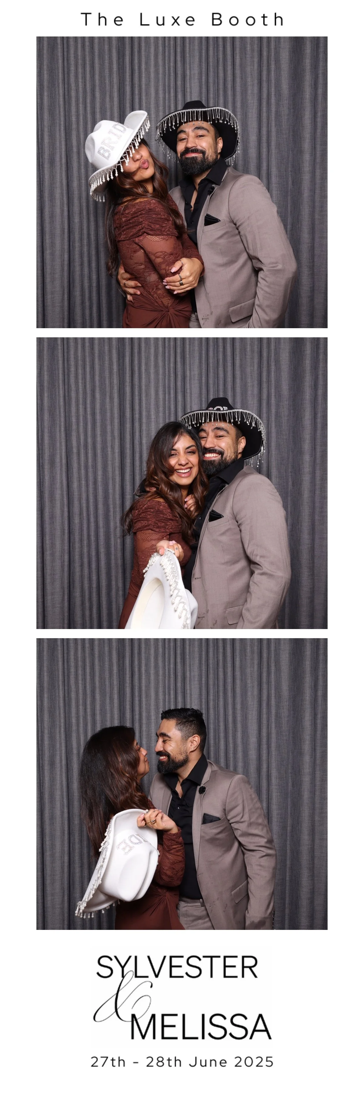 Series of three photo booth images featuring a couple at a New Year's celebration, wearing fun hats and playful expressions, with a backdrop of gray curtains and text indicating the event is celebrating Sylvester and Melissa on June 27th to 28th, 202