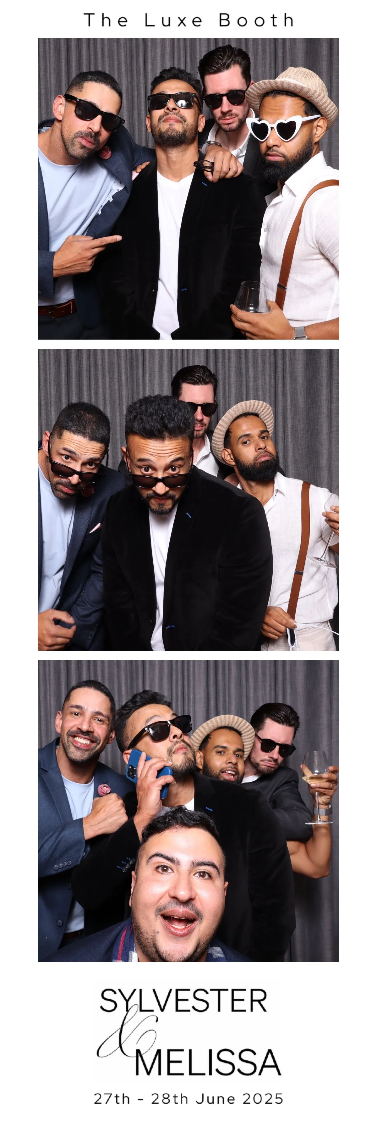 Photo booth strip from a wedding featuring three pictures of four men posing with sunglasses, drinks, and playful expressions. The event is for Sylvester and Melissa on June 27-28, 2025.