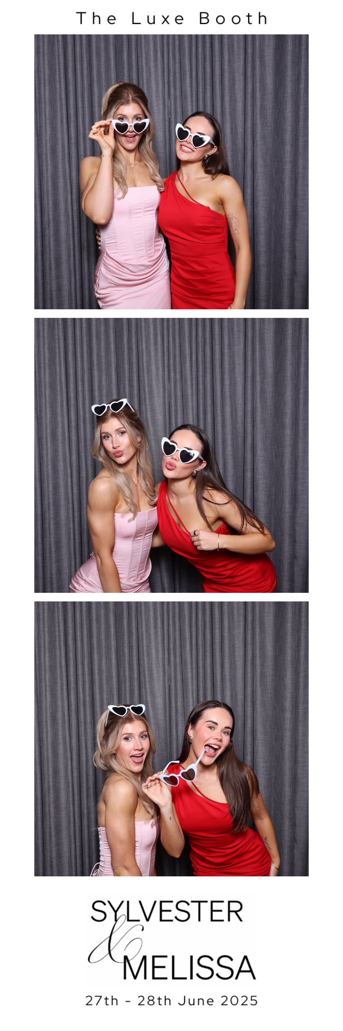 Three women at a photo booth wearing white heart-shaped sunglasses, posing playfully, with a gray curtain backdrop. The event is titled 'The Luxe Booth' and is for Sylvester and Melissa on June 27-28, 2025.