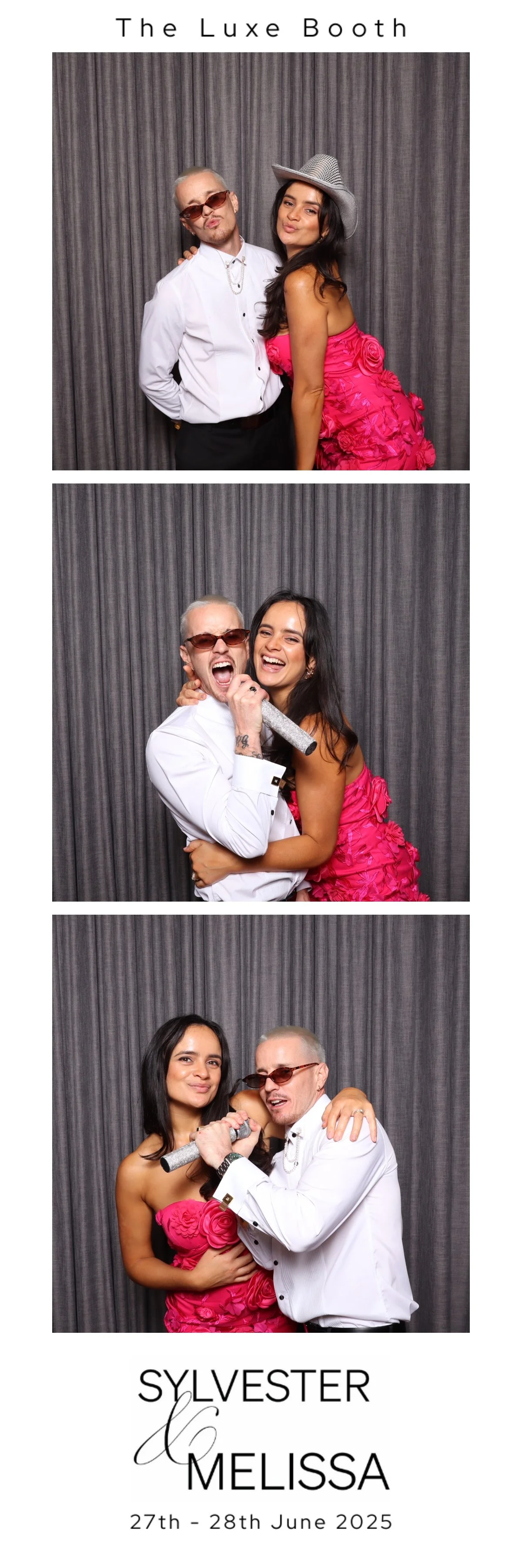 Three photo booth images featuring a man in a white shirt and sunglasses and a woman in a pink dress and hat against a gray curtain background. The images show them posing, singing, and hugging. The bottom of the photo strip has text reading 'Sylvest