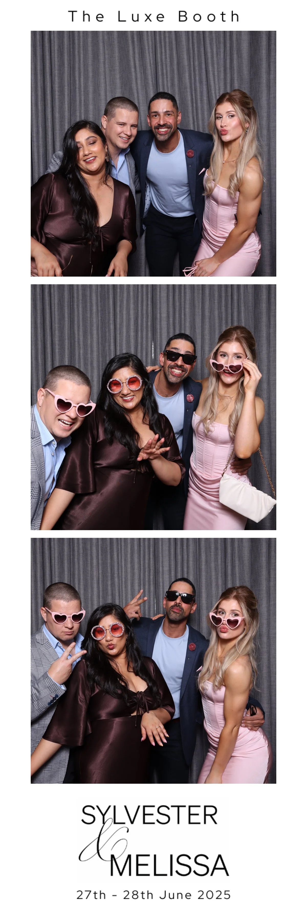 Three photo booth strips from Sylvester and Melissa's wedding on June 27-28, 2025, featuring a group of five people in fun accessories and stylish outfits posing against a gray curtain backdrop.