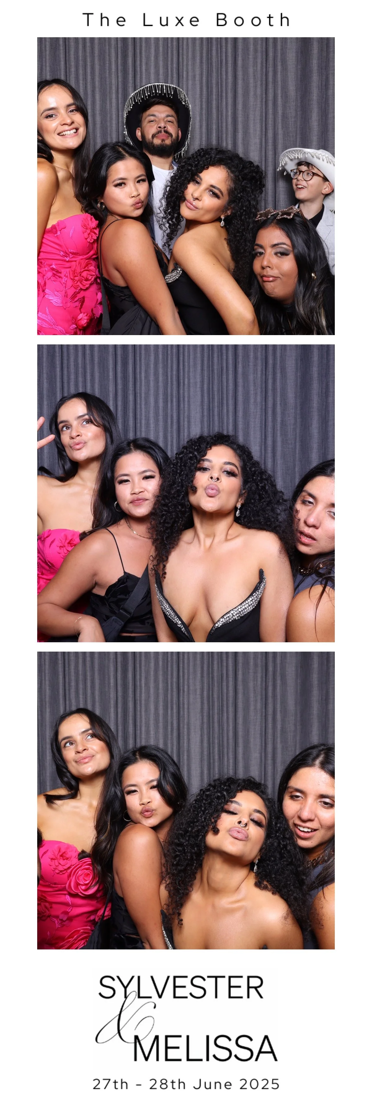 A vertical photo booth strip featuring three images of a diverse group of friends at a celebration, with a gray curtain backdrop and the text 'The Luxe Booth' at the top. The bottom of the strip displays the names 'Sylvester & Melissa' and the date '