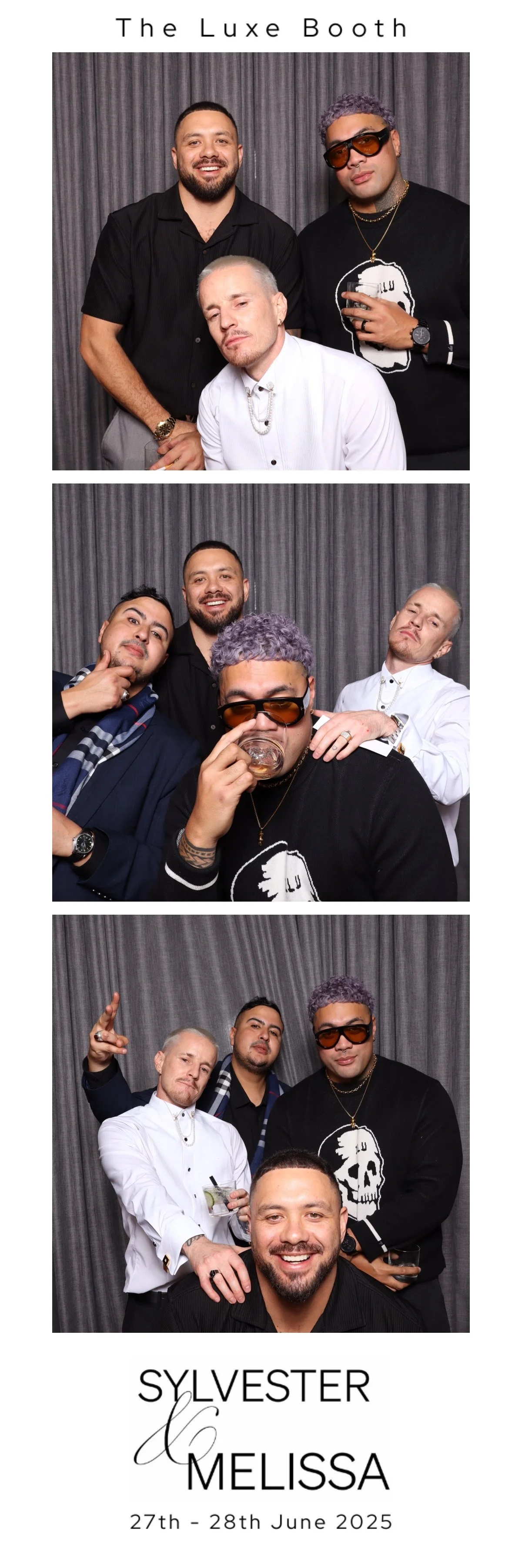 Photo booth strips from Sylvester and Melissa's wedding on June 27-28, 2025 featuring five men in various poses and attire, with a gray curtain background and a white text overlay at the bottom.