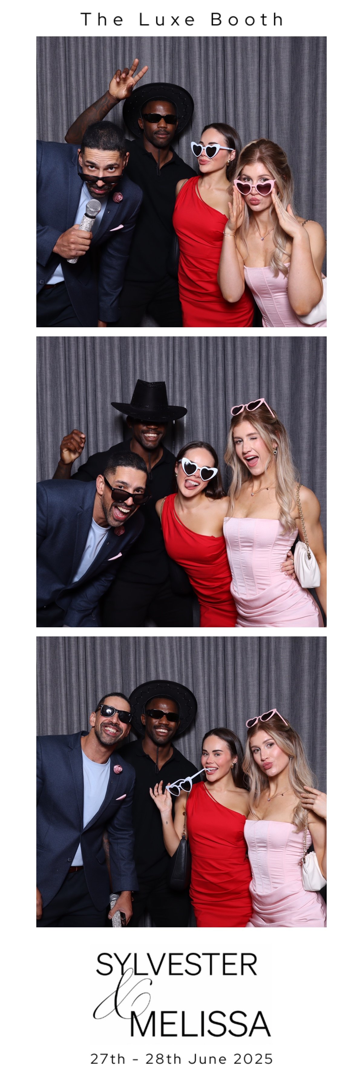 Photo booth strips featuring four diverse friends celebrating at a New Year's event, wearing sunglasses and hats, posing playfully together against a gray curtain background, with the caption 'The Luxe Booth' and event details, Sylvester & Melissa, J