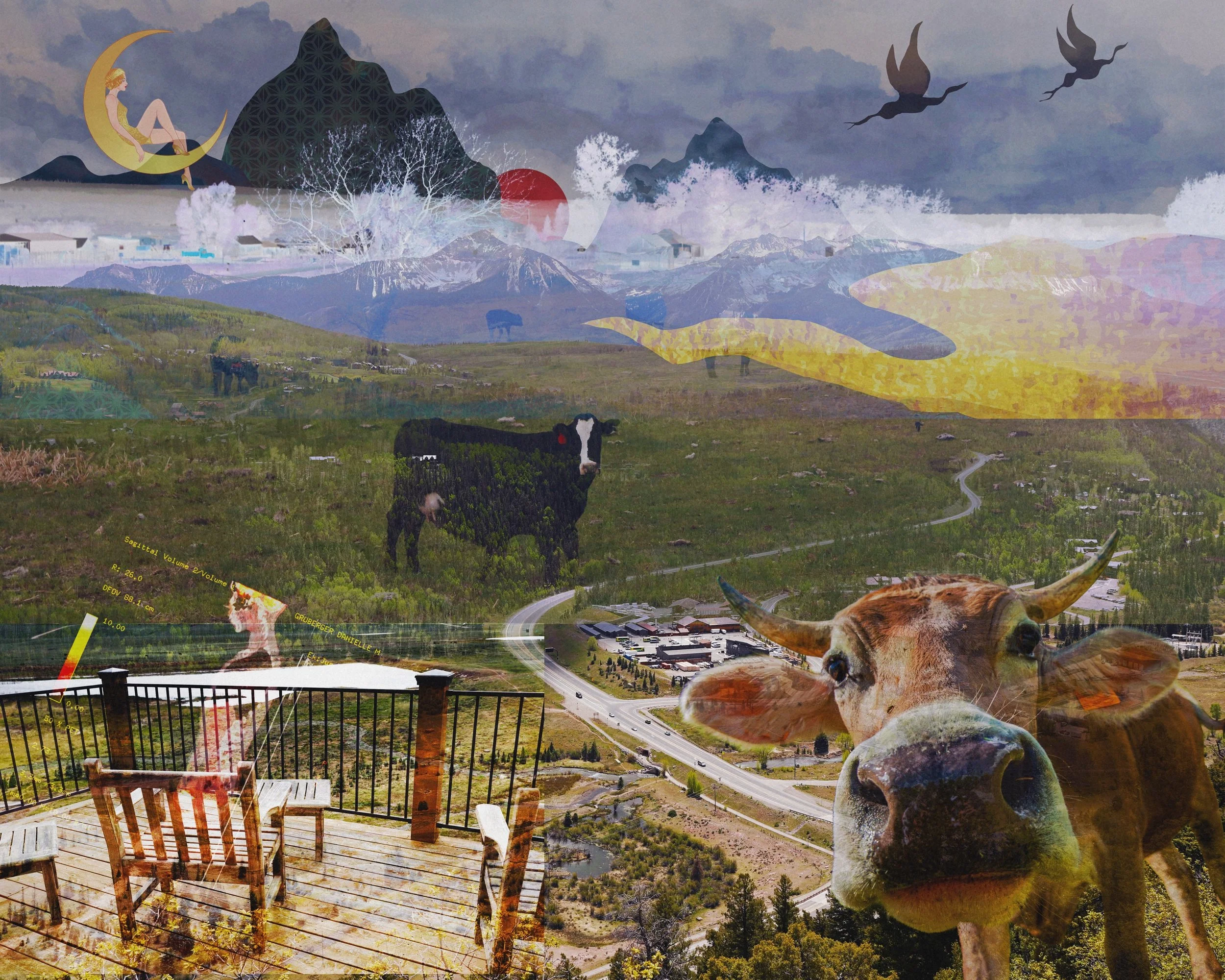 A composite digital collage featuring a cow's face prominently in the foreground, a cow grazing in the middle ground, a mountain landscape with snow-capped peaks, a cloudy sky, flying birds, a person sitting on a crescent moon, and a wooden deck with chairs and a railing.