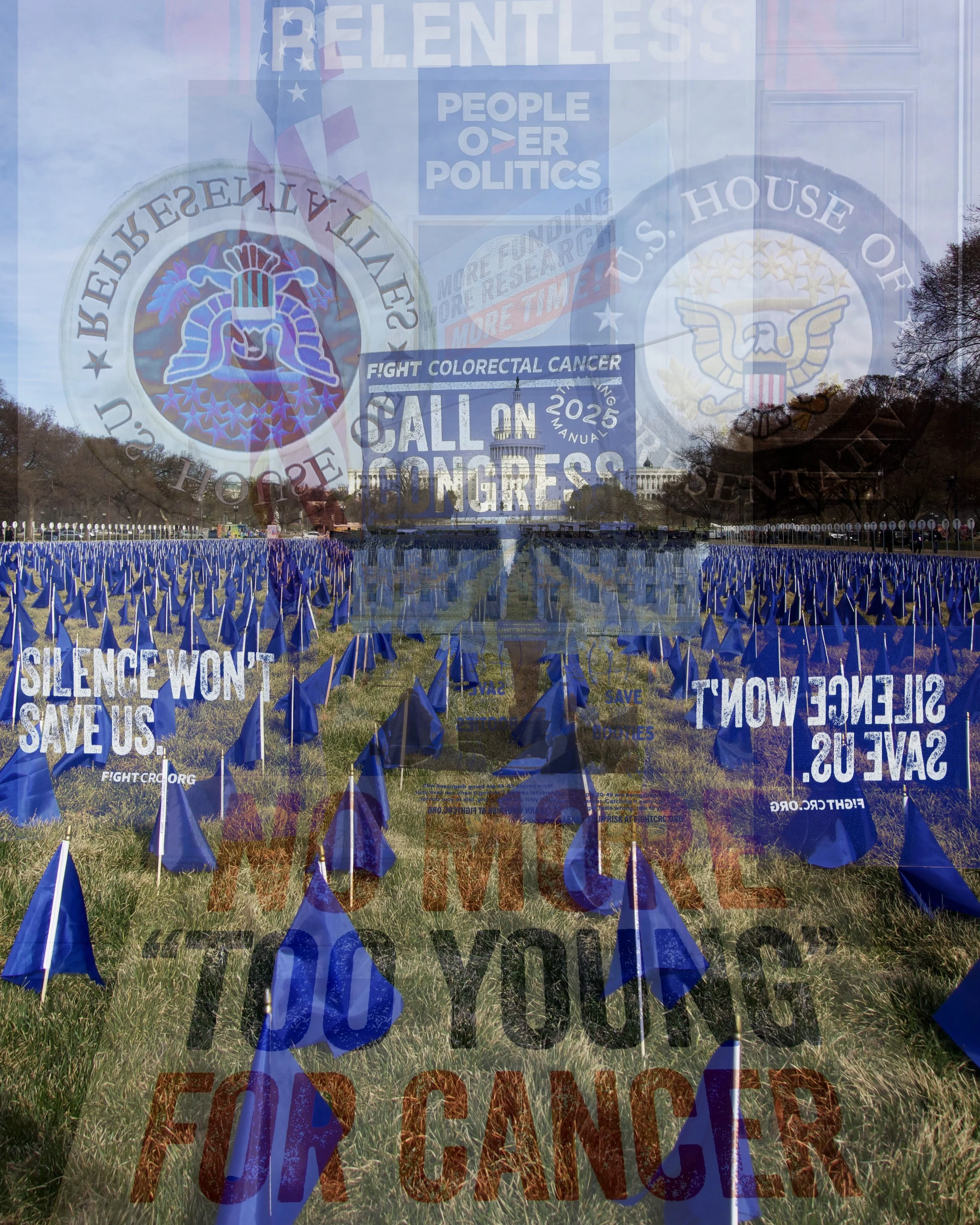 Collage of political signs and posters on the National Mall in Washington D.C. to support the fight for colorectal cancer at Call On Congress to meet politicians with FightCRC with the U.S. Capitol building visible in the background.