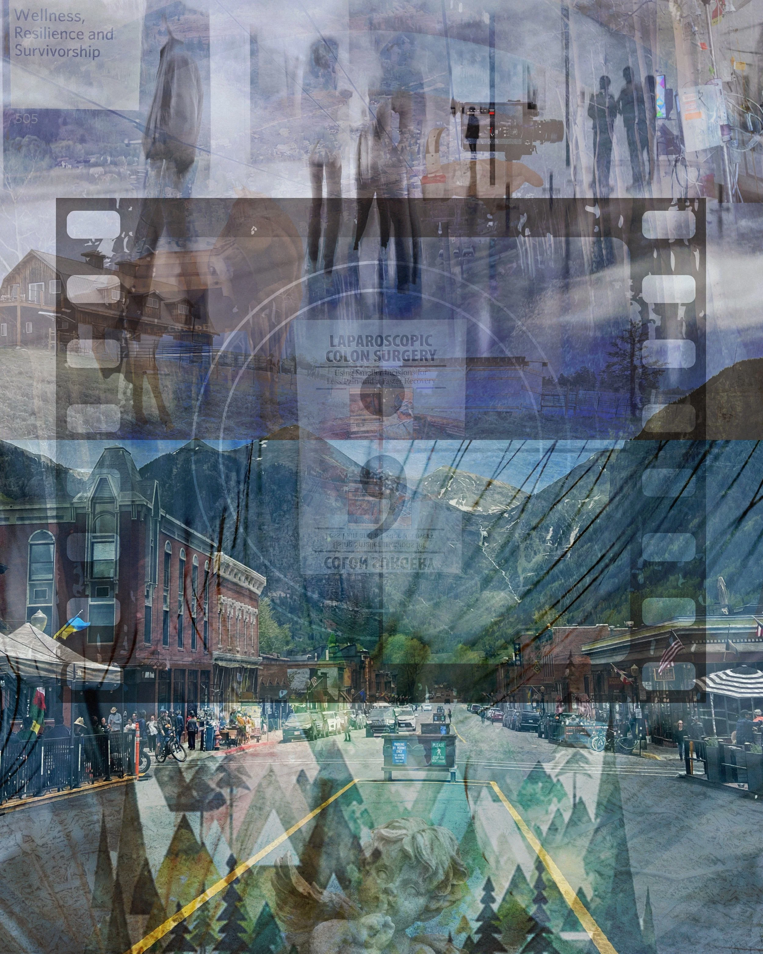 A collage of multiple images including a street scene with people, buildings, mountains, and various objects, overlaid with promotional signage for wellness, resilience, survivorship, and laparoscopic colon surgery.