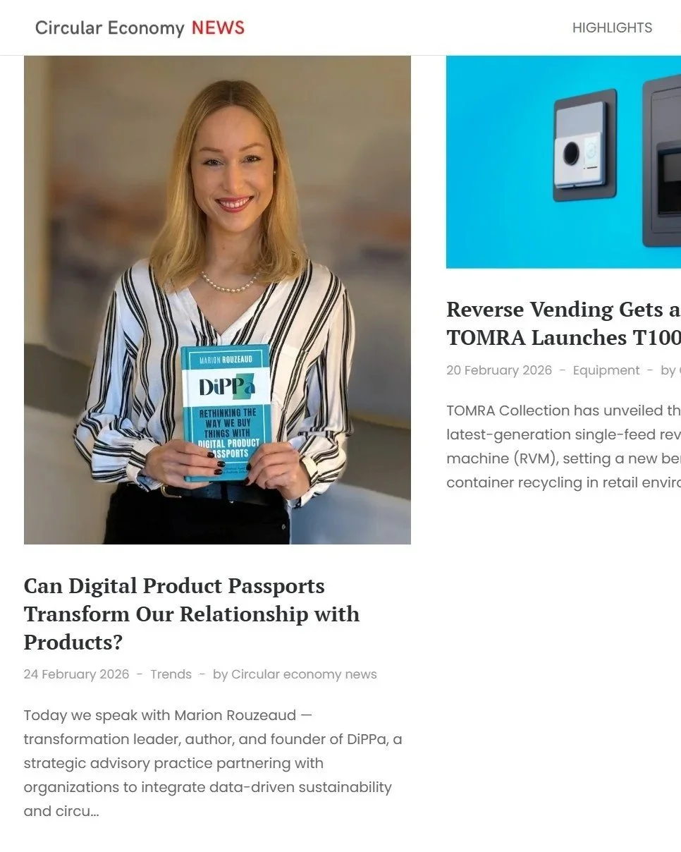 A woman with blonde hair, wearing a striped blouse and pearl necklace, standing indoors, holding a blue book titled 'DiPPa Rethinking the Way We Buy Things with Digital Product Passports'.