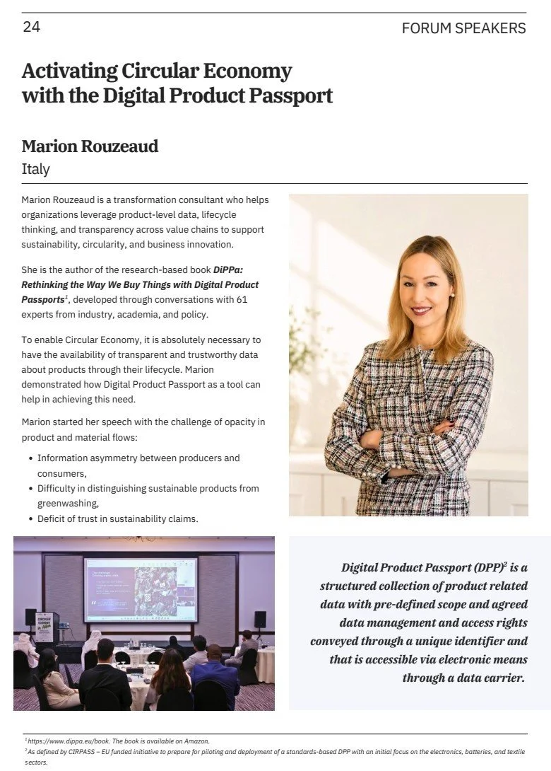 Page from a book or document discussing activating the circular economy with the digital product passport, featuring a woman with blonde hair wearing a plaid jacket, standing with her arms crossed, next to an image of a group attending a presentation in a conference room.