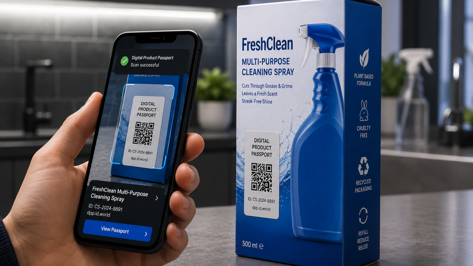 A hand holding a smartphone displays a digital product passport for FreshClean Multi-Purpose Cleaning Spray, with a QR code and product details, next to a boxed spray bottle on a kitchen counter.