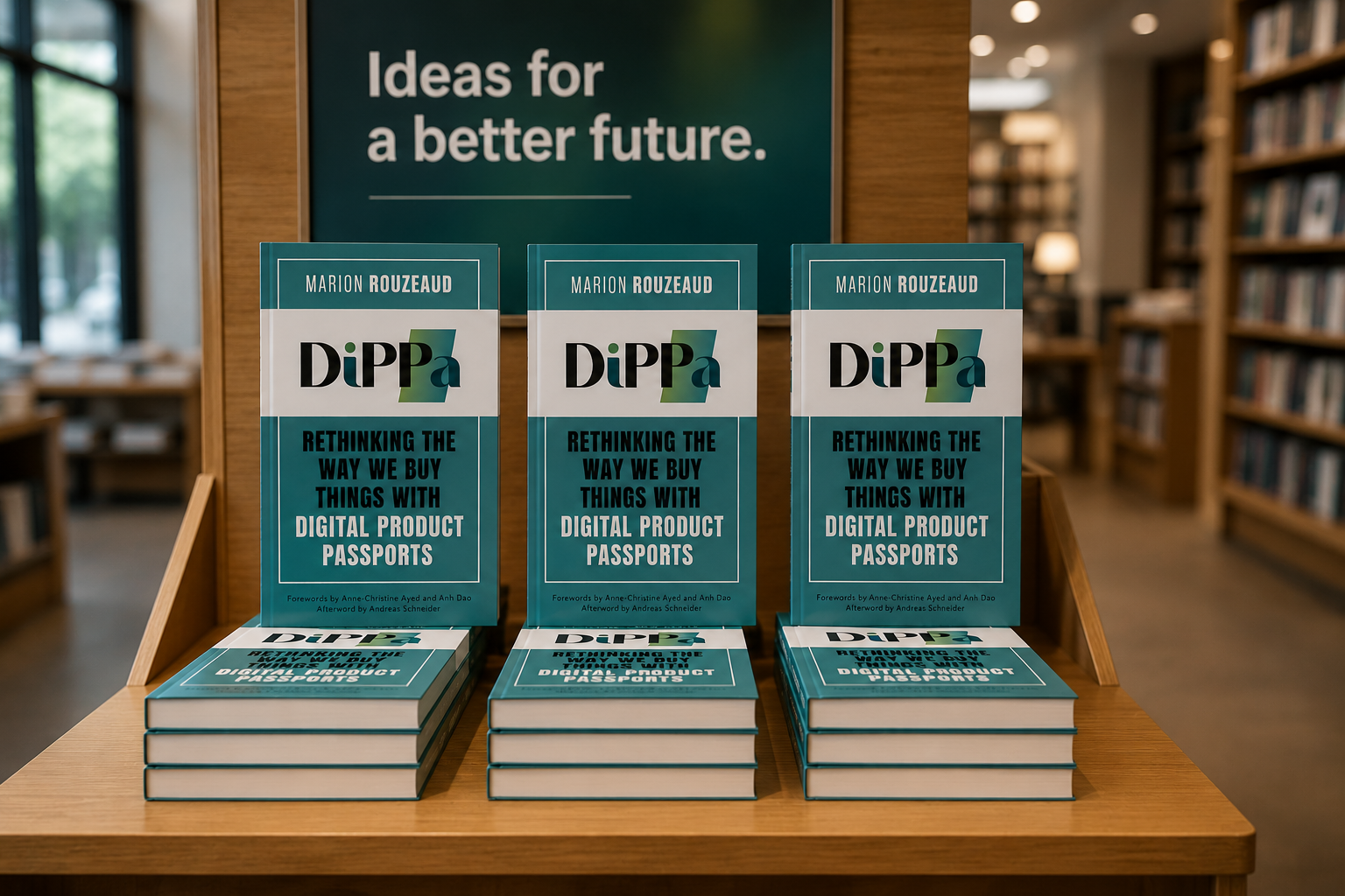 Books titled 'RETHINKING THE WAY WE BUY THINGS WITH DIGITAL PRODUCT PASSPORTS' by Marion Rouzeaud displayed on a wooden table in a bookstore with a sign in the background reading 'Ideas for a better future'.