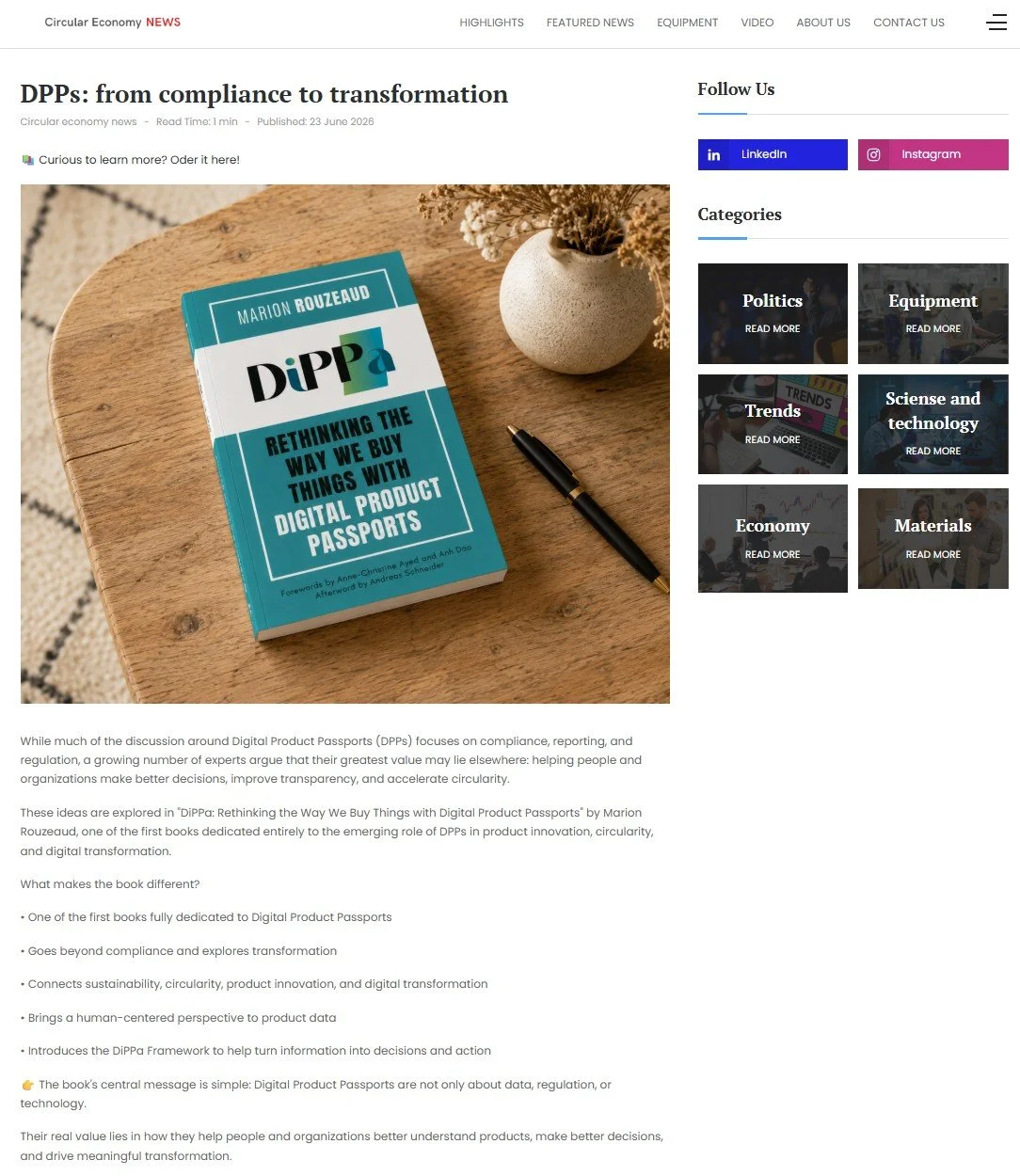 Article in Circular Economy News on "DiPPa: Rethinking the way we buy things with digital product passports" the NEW Reference Book on Digital Product Passports by Marion Rouzeaud, a practical guide explaining DPP fundamentals and potential.