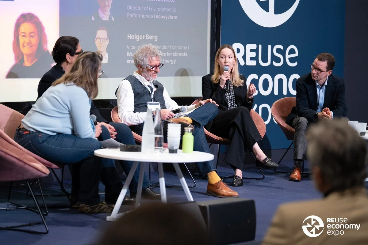 Marion Rouzeaud speaking at the CIRPASS-2 roundtable at REuse Economy Expo 2026 with Carolynn Bernier, Anne-Christine Ayed, Steffen Schwalm, Marion Rouzeaud, Xavier Lantoinette, and Holger Berg, presenting her new book titled DiPPa: Rethinking the Wa
