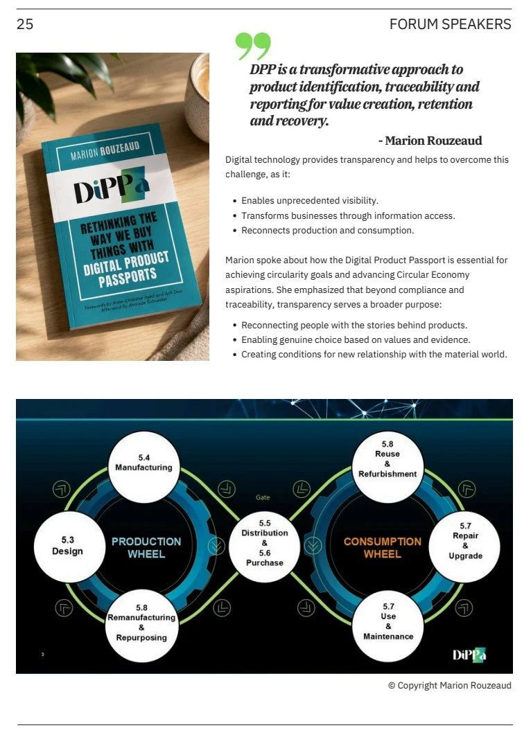 A book titled 'Reinventing the Way We Buy Things with Digital Product Passports' by Marion Rouzeaud is placed on a wooden surface next to a potted plant and a ceramic cup. The page shows a quote about DPP and information on digital technology's role in transparency, visibility, and circular economy, along with a circular diagram illustrating production and consumption wheels.