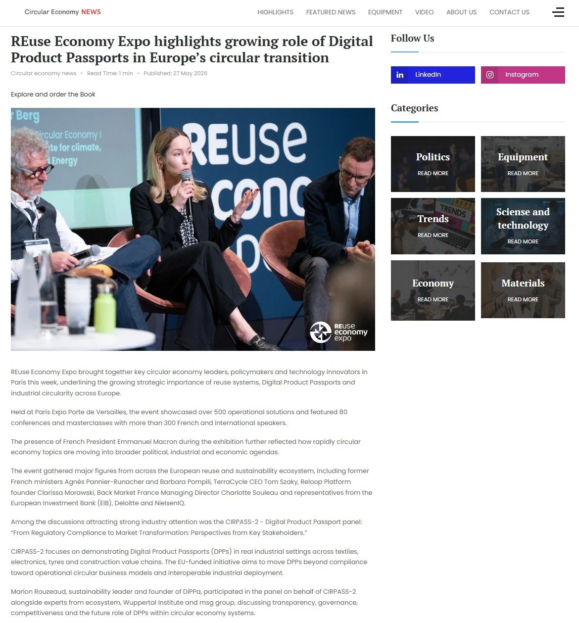 Euse Economy Expo 2026 CIRPASS-2 panel discussion on Digital Product Passports and circular economy transformation in Europe, featuring Marion Rouzeaud, founder of DiPPa, alongside industry experts discussing AI, product innovation with DPP.