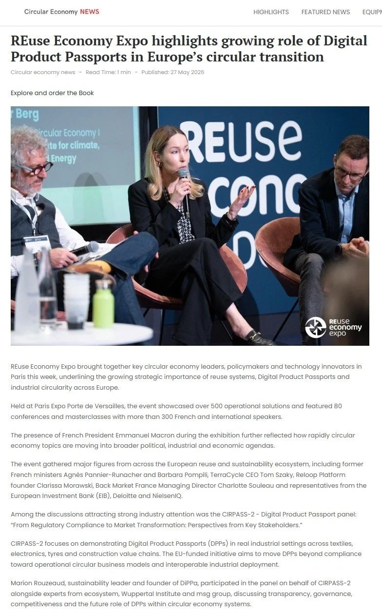 Panel discussion at the Reuse Economy Expo 2026, featuring Marion Rouzeaud presenting DiPPa, her NEW Reference Book on Digital Product Passports.