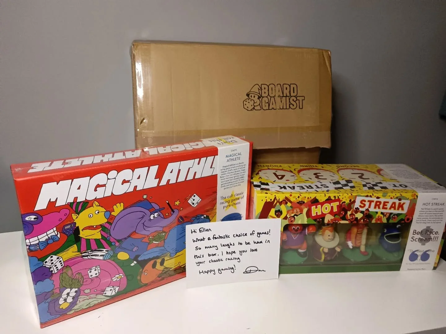 Who's ready for some Game Night chaos!?

Super excited to be able to bring Magical Athlete and Hot Streak to our Game Nights! 

Another order from @boardgamist, and came with a lovely personalised note! Love that!