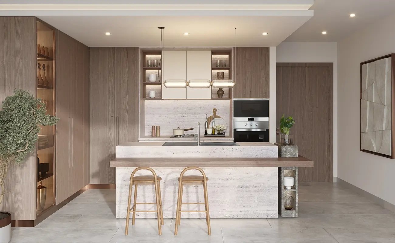 Modern kitchen with wooden cabinets, a central island, two wooden stools, built-in oven, decorative shelves, and overhead lighting.