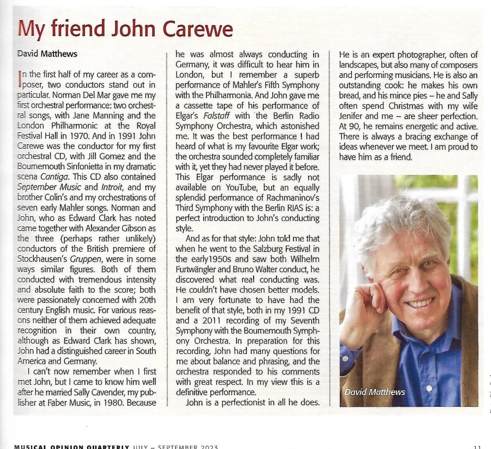 A magazine article featuring a portrait photo of an older man with gray hair and a friendly smile, wearing a blue shirt and brown vest, titled "My friend John Carewe," with the author's name David Matthews.