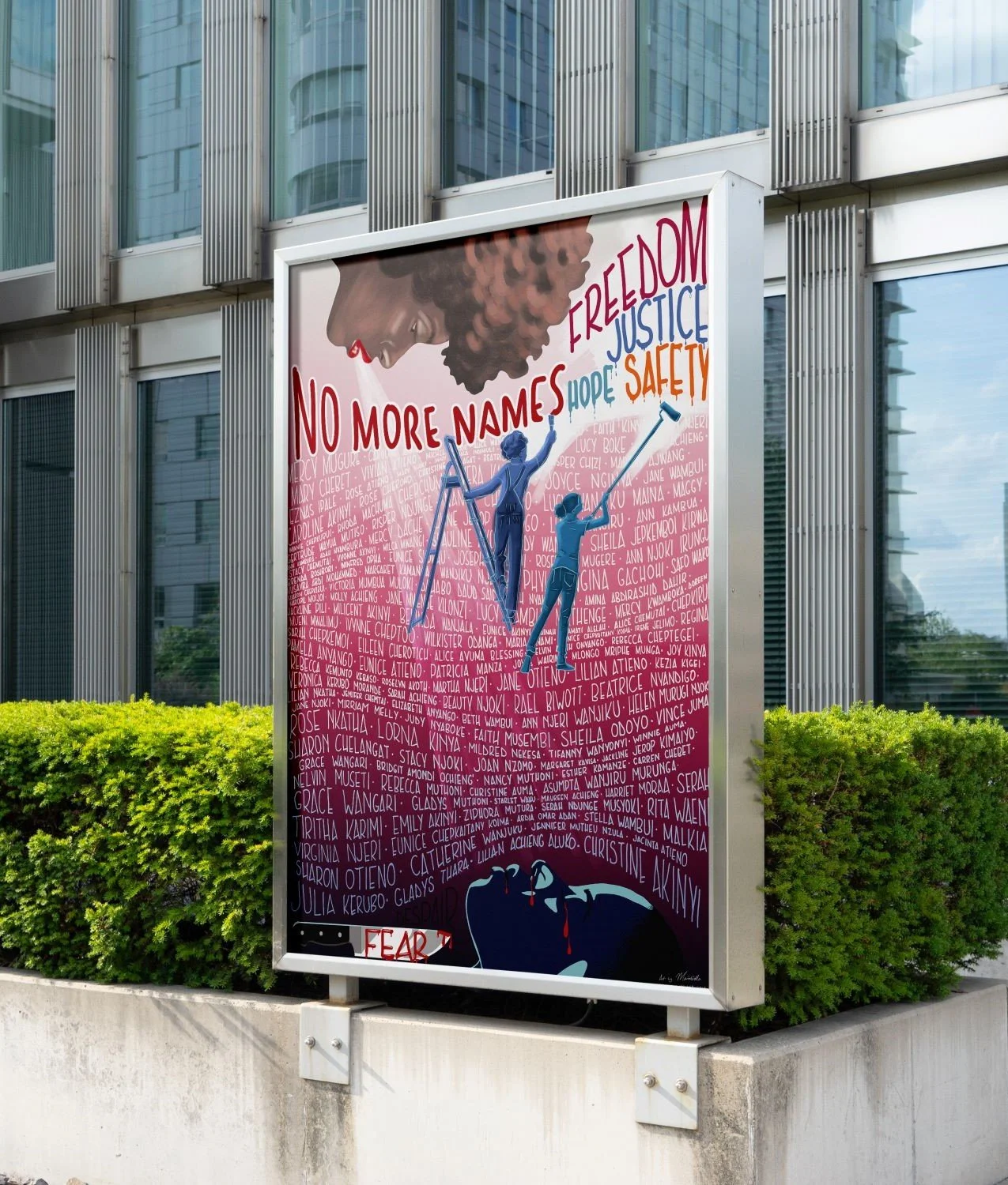 Artwork depicting two women cleaning a wall filled with handwritten names and the words 'No More Names.' One woman is standing on a ladder, holding a spray paint can, while the other uses a mop. The background shows a large, sad face with tears, a kn