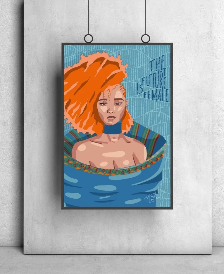 Digital illustration of a young woman with large, orange, textured hair, looking somber. She is depicted from the shoulders up, wearing a patterned garment with African-inspired designs, submerged in water up to her chest. The background features a b