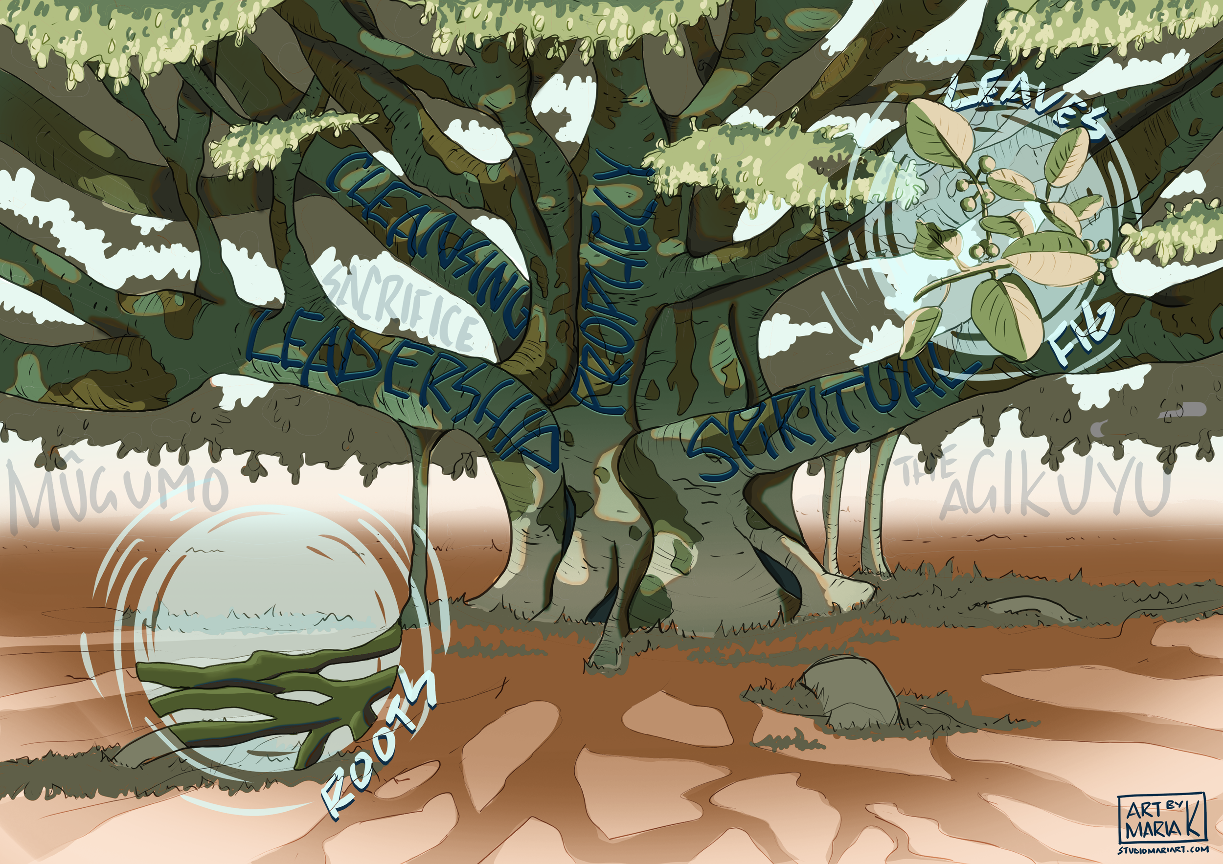 An illustration of a Mugumo tree depicting the cultural significance of the tree in the Kikuyu community. Illustration by Mariastella Kamuti of Studio Mariart.