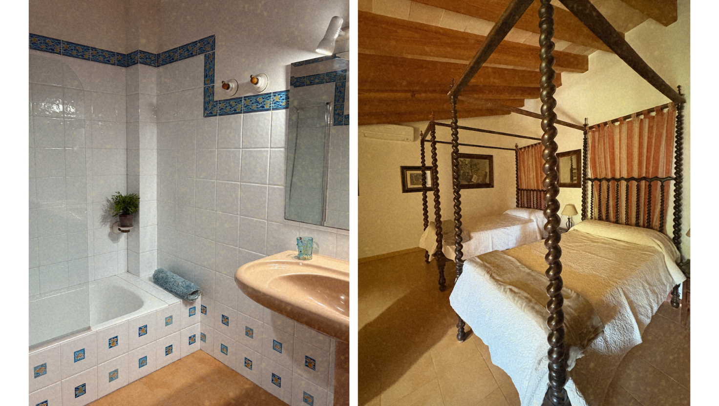 Split image showing a tiled bathroom on the left with a bathtub, sink, and decorative accents, and a bedroom on the right featuring two canopy beds with wooden beams and decorative bedding.
