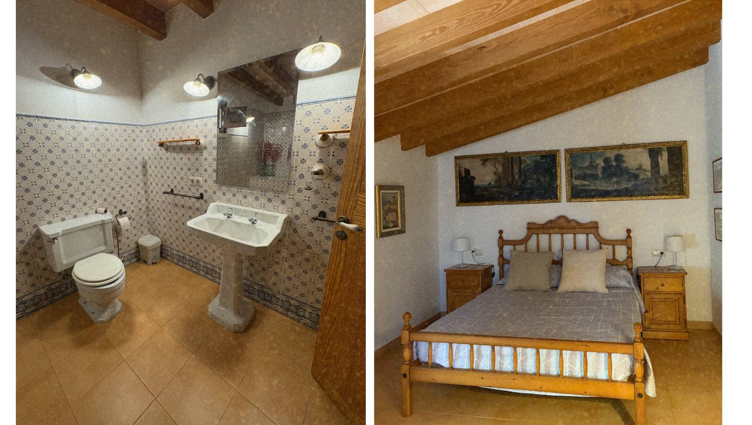 Split image showing a bathroom on the left with a toilet, sink, and mirror, and a bedroom on the right with a wooden bed, nightstands, and artwork on the walls.