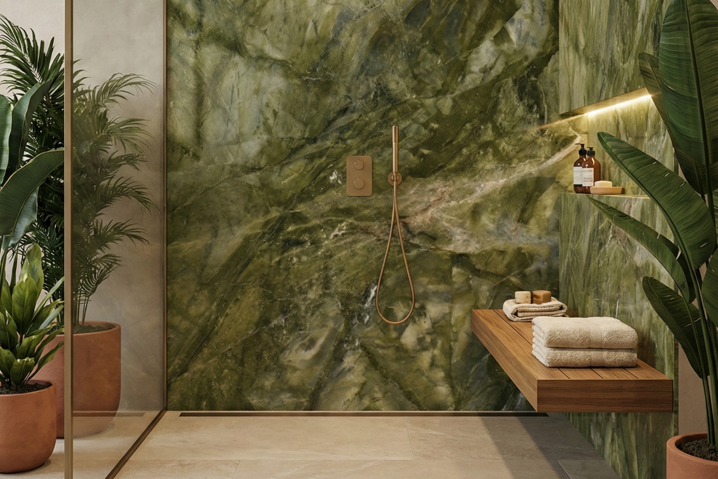 Modern bathroom with green marble walls, potted plants, a wooden bench with towels, and a built-in shelf with soap and shampoo bottles.