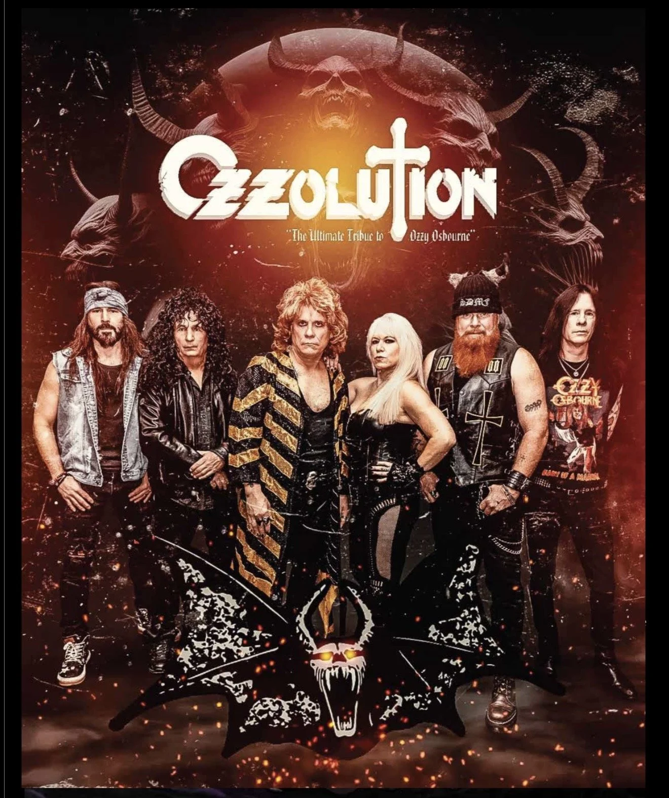 Poster of Ozzy Osbourne's tribute band Ozvolution featuring six band members in rock attire with a dark, fiery background and a large black bat with a skull and crown logo at the bottom.