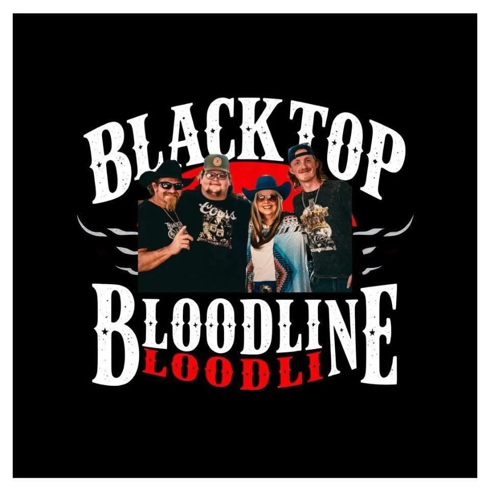 Group of four people standing in front of a black background with bold text reading 'Blacktop Bloodline' and a red circle, smiling for the camera.