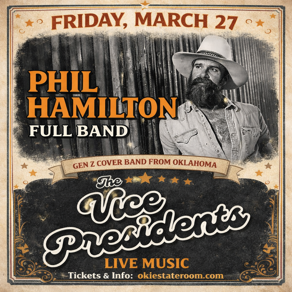 A promotional poster for the band "The Vice Presidents," described as Oklahoma's premier cover band. The poster mentions they cover genres from Gx to Gz, including rock, alternative, emo, pop-punk, reggae, country, and hip-hop. The background features a dark, stage-like setting with some equipment visible.