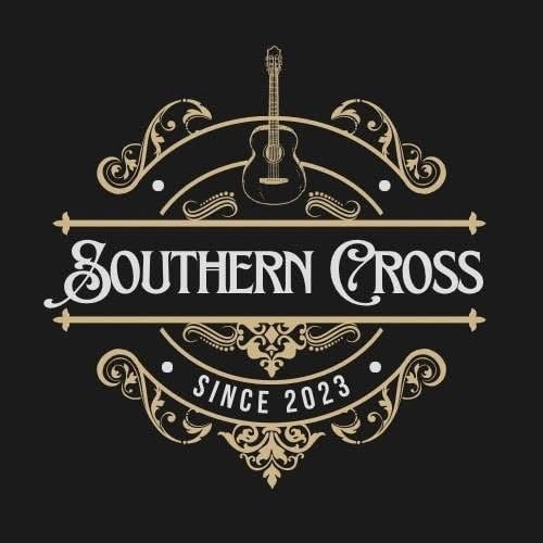 Logo with a guitar, ornate decorative elements, and the text 'Southern Cross Since 2023' on a black background.