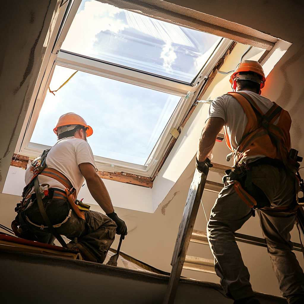 Two construction workers wearing hard hats and safety harnesses working near an open skylight.