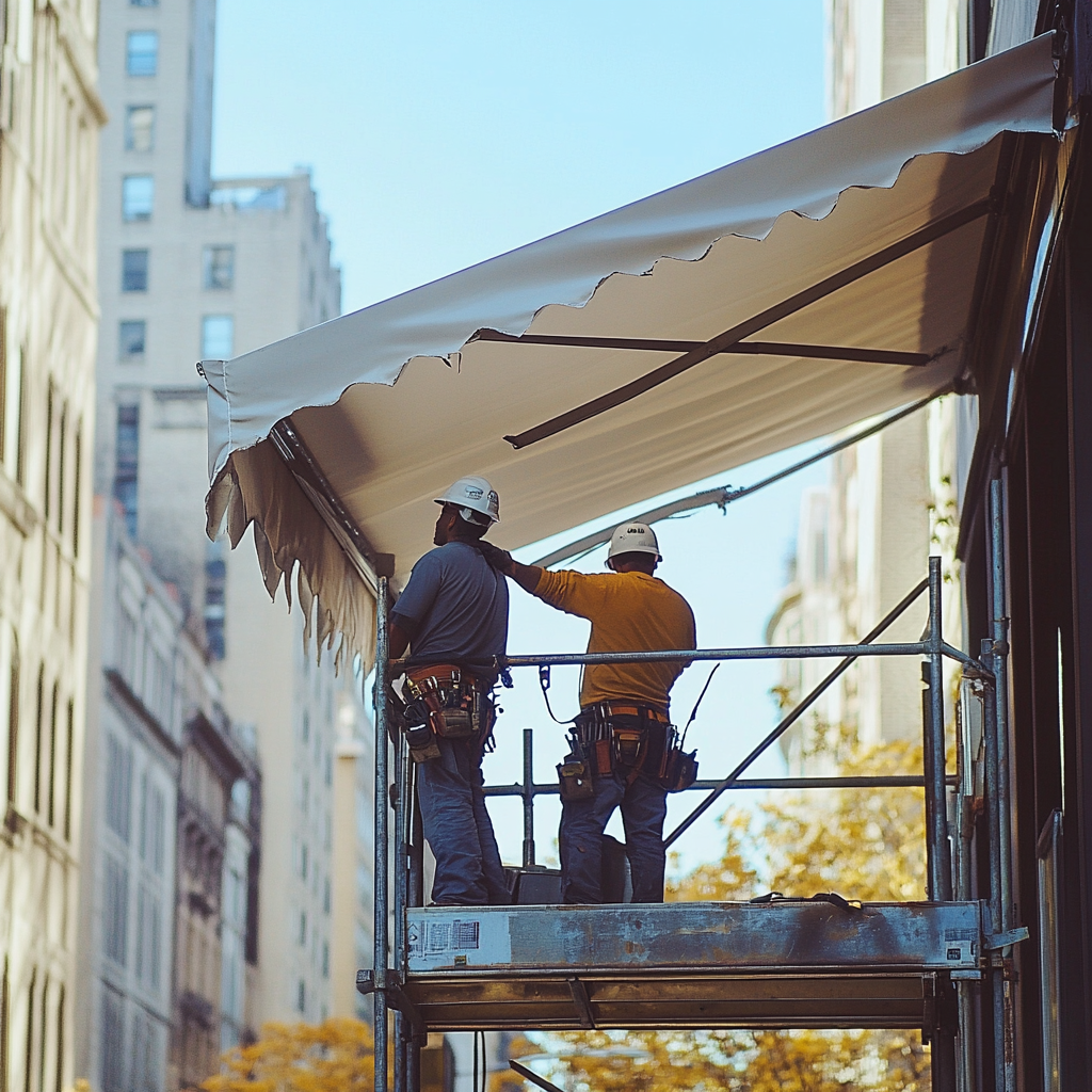 Two construction workers on scaffolding adjusting a white canopy in an urban setting with tall buildings.