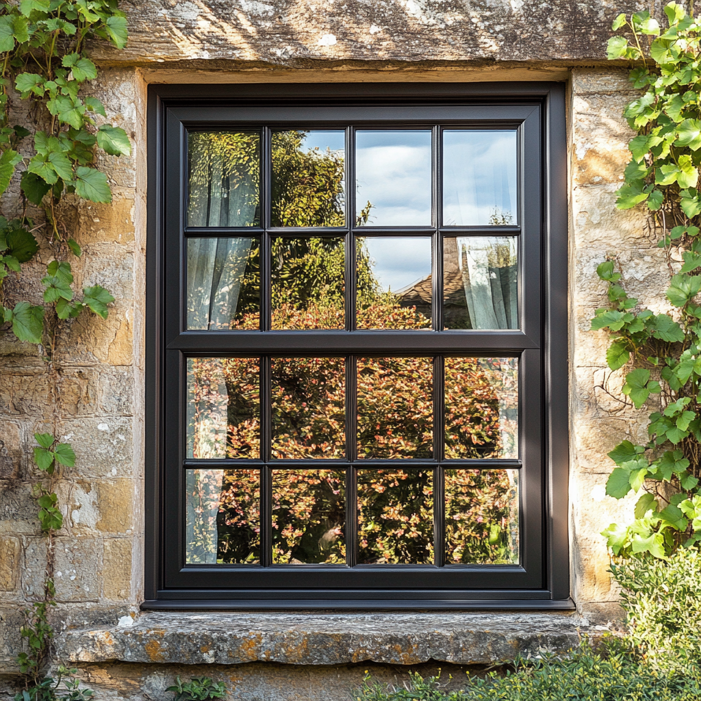 Window with black grid, stone frame, reflecting trees and sky