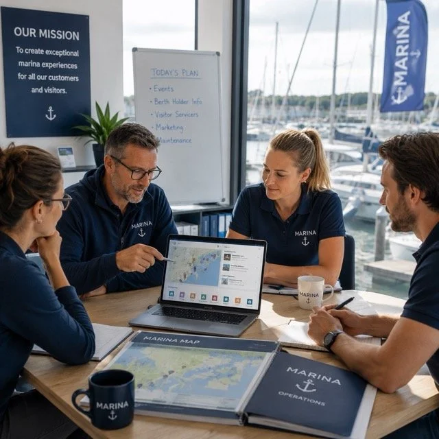 A team of four people in navy marina shirts gathered around a desk with laptops, maps, and coffee mugs during a meeting at a marina, with boats visible through large windows in the background.