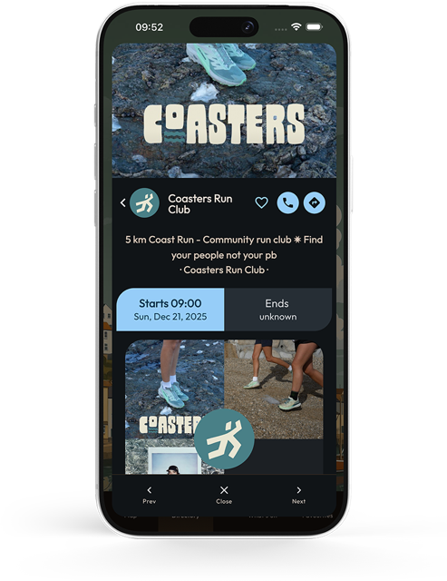 Screenshot of a mobile app displaying a running club event titled 'Coasters Run Club' with details about a 5 km community run starting at 09:00 on December 21, 2025, and featuring various images of people running on a rocky outdoor trail.