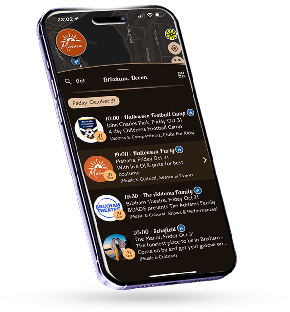 Smartphone displaying a local event app for Brixham, Devcon, with listings for Halloween football camp, Halloween party with live DJ, The Addams Family theater, and Schofield music event, all scheduled for October 31st.