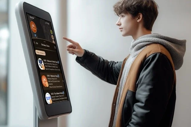 Young man using a touchscreen kiosk or informational display in an indoor setting.