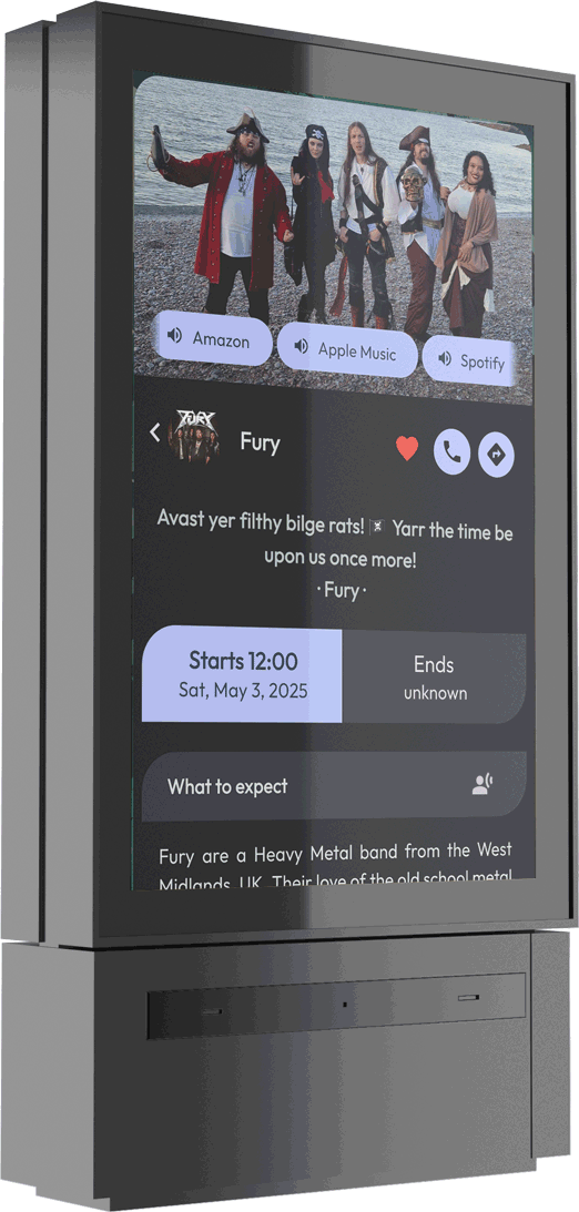 A Mapzest digital information kiosk showing a music event with event details