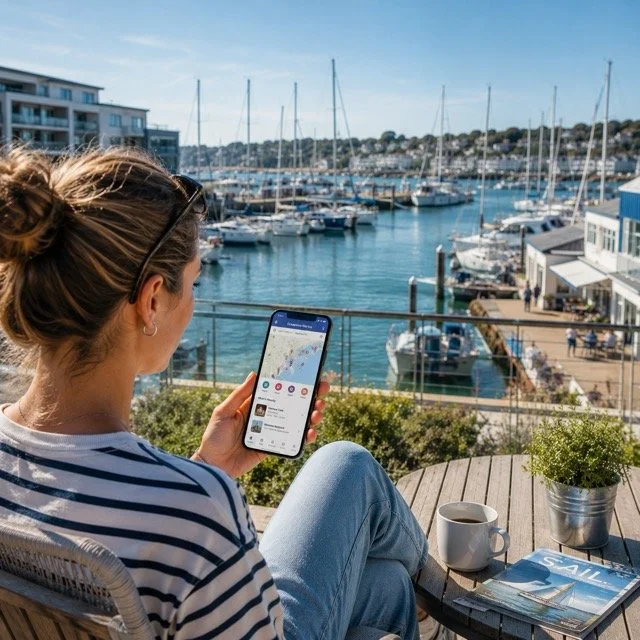 Woman sitting on an outdoor patio overlooking a marina with boats, using her smartphone, with a coffee mug, a plant, and a magazine on the table.