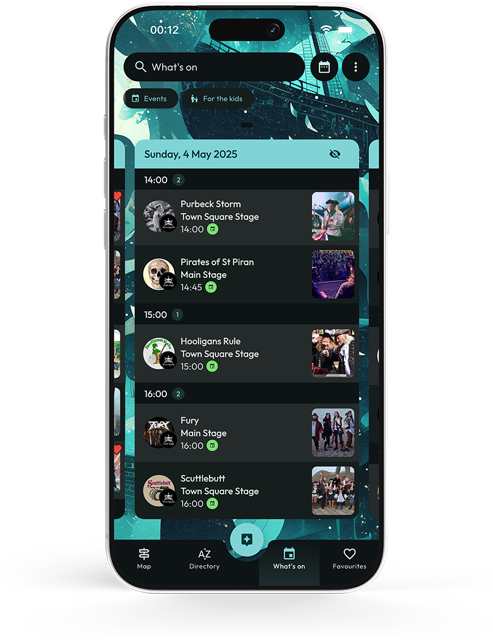 schedule of pirate music and activities on a mobile app