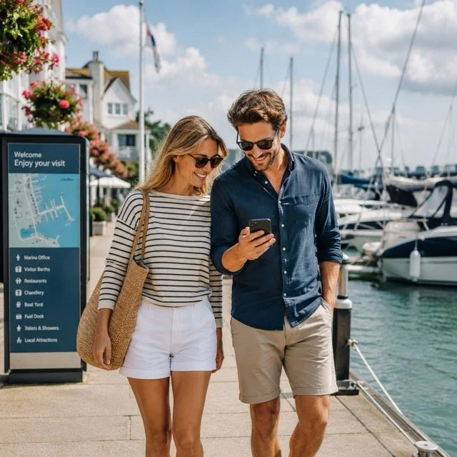 Two people, a woman and a man, walking along a marina with boats on the water, looking at a smartphone and smiling, in a sunny, seaside town.