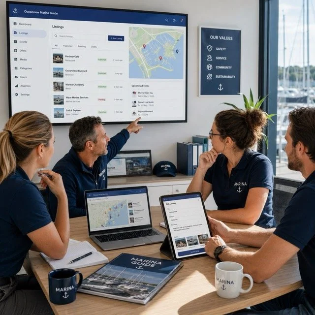 Four employees in a conference room, wearing navy blue polo shirts, are having a meeting. One man is pointing at a large screen displaying a marina management system with maps and listings. Others are listening and looking at laptops, tablets, and notes on the table. There are Marina guidebooks, mugs, and a window with a view of boats and water outside.