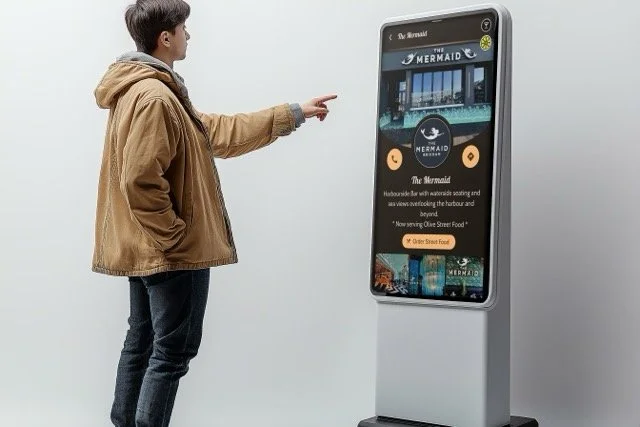 A young man in a brown jacket and jeans interacts with a large digital information kiosk displaying a webpage about The Mermaid restaurant in a modern setting.